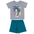 Conjunto curto infantil camiseta mescla estampada surf e shorts em moletinho verde liso