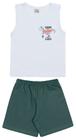 Conjunto curto infantil camiseta regata branco estampada dinossauro e shorts em moletinho verde liso