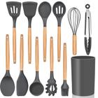 Conjunto de 12 utensílios de cozinha, utensílios de cozinha de silicone e-Far com suporte, utensílios de cozinha antiaderentes e resistentes ao calor, inclui espátula, pinça, batedor, escova de concha, colher giratória com fenda (cinza)