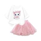 Conjunto de 2 Peças Verão para Meninas - Camiseta de Gato e Saia Tutu