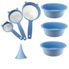Conjunto de 3 Bacias + 3 Peneiras e 1 Funil Azul 7 Peças