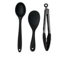 Conjunto de 3 Peças - Colher de Arroz 22,5 cm e 27 cm e Pinça Pegador 29 cm em Silicone Preto - UNYHOME