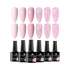 Conjunto de 6 Esmaltes em Gel com Glitter - Cores Nude, Rosa e Vermelho - Kit de Manicure UV