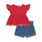 Conjunto de Bata em Cotton e Tule e Shorts em Jeans Liz Vermelho Kukie