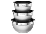 Conjunto de 3 bowls de aço inox da Electrolux empilhados, com acabamento metálico e bordas pretas.