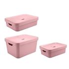 Conjunto de Caixas Organizadoras Cube com Tampa KTE004 3 Peças Rosa - Ou Martiplast