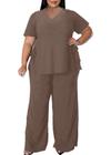 Conjunto de calças MRSFITOK Plus Size Wide Leg Brown para mulheres GG