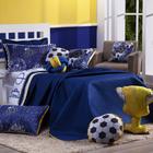 Conjunto de Cama Kit 06 Peças Colcha Infantil Cobre Leito Dupla Face Futebol Game Azul Marinho c/ Almofadas Solteiro - Quarto Menino Copa do Mundo