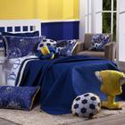 Conjunto de Cama Kit SOLTEIRO 06 Peças Colcha Infantil Cobre Leito Dupla Face Futebol Game Azul Marinho com Almofadas Quarto Menino Copa do Mundo