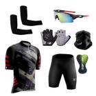 Conjunto de Ciclismo Camisa C/ Proteção UV e Bermuda em Gel + Luvas Ciclismo + Óculos de Proteção + Manguitos + Bandana