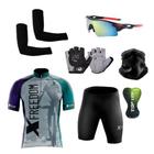 Conjunto de Ciclismo Camisa C/ Proteção UV e Bermuda em Gel + Luvas Ciclismo + Óculos de Proteção + Manguitos + Bandana