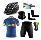 Conjunto de Ciclismo Camisa e Bermuda C/ Proteção UV + Capacete de Ciclismo C/ Luz Led + Óculos Esportivo Espelhado + Par de Manguitos + Bandana