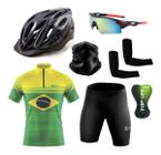 Conjunto de Ciclismo Camisa e Bermuda C/ Proteção UV + Capacete de Ciclismo C/ Luz Led + Óculos Esportivo Espelhado + Par de Manguitos + Bandana