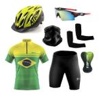 Conjunto de Ciclismo Camisa e Bermuda C/ Proteção UV + Capacete de Ciclismo C/ Luz Led + Óculos Esportivo Espelhado + Par de Manguitos + Bandana - XFreedom Atrio