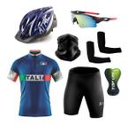 Conjunto de Ciclismo Camisa e Bermuda C/ Proteção UV + Capacete de Ciclismo C/ Luz Led + Óculos Esportivo Espelhado + Par de Manguitos + Bandana - XFreedom Atrio