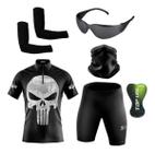 Conjunto de Ciclismo Camisa e Bermuda C/ Proteção UV + Óculos de Proteção Preto Anti-Risco + Par de Manguitos + Bandana - XFreedom