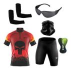 Conjunto de Ciclismo Camisa e Bermuda C/ Proteção UV + Óculos de Proteção Preto Anti-Risco + Par de Manguitos + Bandana - XFreedom