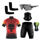 Conjunto de Ciclismo Camisa e Bermuda C/ Proteção UV + Óculos Esportivo Espelhado ou C/ Lente Escura + Par de Manguitos + Bandana