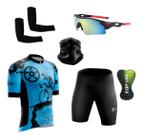 Conjunto de Ciclismo Camisa e Bermuda C/ Proteção UV + Óculos Esportivo Espelhado + Par de Manguitos + Bandana - XFreedom