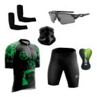 Conjunto de Ciclismo Camisa e Bermuda C/ Proteção UV + Óculos Esportivo Espelhado + Par de Manguitos + Bandana