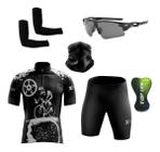 Conjunto de Ciclismo Camisa e Bermuda C/ Proteção UV + Óculos Esportivo Espelhado + Par de Manguitos + Bandana