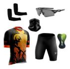 Conjunto de Ciclismo Camisa e Bermuda C/ Proteção UV + Óculos Esportivo Espelhado + Par de Manguitos + Bandana