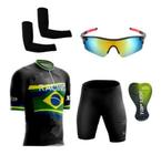 Conjunto de Ciclismo Camisa e Bermuda C/ Proteção UV + Óculos Esportivo Espelhado + Par de Manguitos