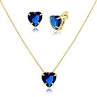 Conjunto de colar e brincos Coração de Zircônia Azul Safira Folheado a Ouro 18K