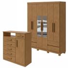 Conjunto de Guarda-Roupa 6 Portas 4 Gavetas Zeus com Espelho e com Pése Cômoda com Nicho Da Vinci Amêndoa Clean