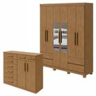 Conjunto de Guarda-Roupa 6 Portas 4 Gavetas Zeus com Espelho e com Pése Cômoda Toronto Amêndoa Clean