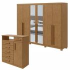 Conjunto de Guarda-Roupa 6 Portas com Espelho e Pés Bertha com Cômoda Da Vinci Amêndoa Clean