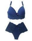 Conjunto de lingerie plus size com bojo em microfibra e renda Sensual Azul Marinho