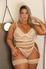 Conjunto de lingerie plus size sensual rendado com cinta liga e calcinha fio dentalcor: nude