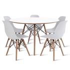 Conjunto De Mesa De Jantar Eames Eiffel Redonda 110cm Tampo De Madeira Branco Com 5 Cadeiras Brancas