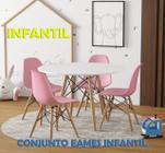 Conjunto De Mesa Eames Eiffel Madeira Infantil 68cm Redondo Branco 4 Cadeiras Rosa