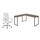 Conjunto de Mesa Kuadra Nogal 150 cm com Cadeira de Escritório Diretor Giratória Cleaner Branca