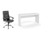 Conjunto de Mesa Marselha Branca com Cadeira de Escritório Presidente Giratória com Relax Office Plus Preta