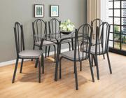 Conjunto de Mesa Tubular Lotus SF Preto Tampo de Vidro Incolor 1,40m Com 6 Cadeiras 121 Assento Platina Artefamol