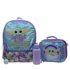 Conjunto de mochila Disneys Mandalorian Baby Yoda Girls 4 peças, bolsa escolar flip de lantejoulas com bolso frontal com zíper, bolsos laterais de malha, lancheira isolada, garrafa de água e bola de squish pendente, roxo