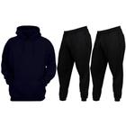 Conjunto De Moletom Blusa Canguru Com Capuz + 2 Calças Flaneladas Lisas Preta
