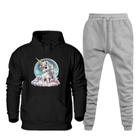 Conjunto de Moletom Canguru Plus Size Feminino Blusa Estampa Unicornio Com Calça Jogger Basica