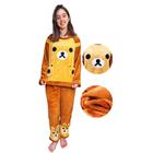 Conjunto de Pijama Feminino Manga Comprida Calça e Blusa Urso Ursinho Marrom Biscuit