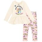 Conjunto de Roupas Bluey e Bingo Floral para Bebês - Tamanhos 2T (Branco/Rosa)