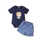 Conjunto de Roupas de Verão para Bebê Menino - Tema Leão com Body e Shorts