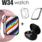 Conjunto de Smartwatch W34 mais Fone Bluetooth case protetora e Pelicula 3D Cor: Rosa