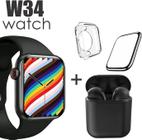 Conjunto de Smartwatch W34 mais Fone I12 case protetora e Pelicula 3D Cor: Preto