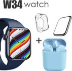 Conjunto de Smartwatch W34 mais Fone inpods 12 case protetora e Pelicula 3D Cor: azul