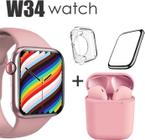 Conjunto de Smartwatch W34 mais Fone inpods 12 case protetora e Pelicula 3D Cor: Rosa