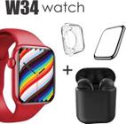 Conjunto de Smartwatch W34 mais Fone inpods 12 case protetora e Pelicula 3D Cor: Vermelho