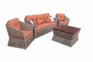 Conjunto de sofá Italia 3L + 2 Poltronas + Mesa de centro 90x90x50cm em madeira Cumaru, corda náutica e estofado Karsten - Luxo para áreas externas